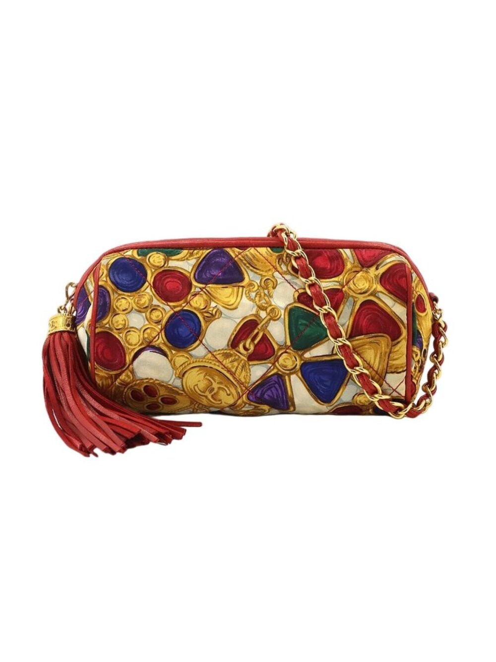Chanel Bijou Pattern Fringe Chain Shoulder Bag Satin Leather Red Multicolor Gold